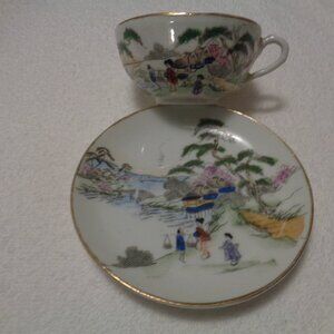ASIAN NATURE & PEOPLE SCENES CUP & SAUCER MADE IN JAPAN